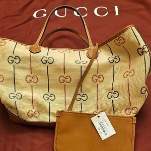 Gucci Beige Canvas Tote with Tan Leather Trim and Navy & Red Accent GG